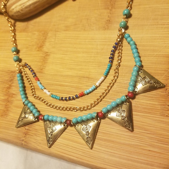 Tribal-ish Gold Spike Turquoise Necklace - Picture 2 of 4